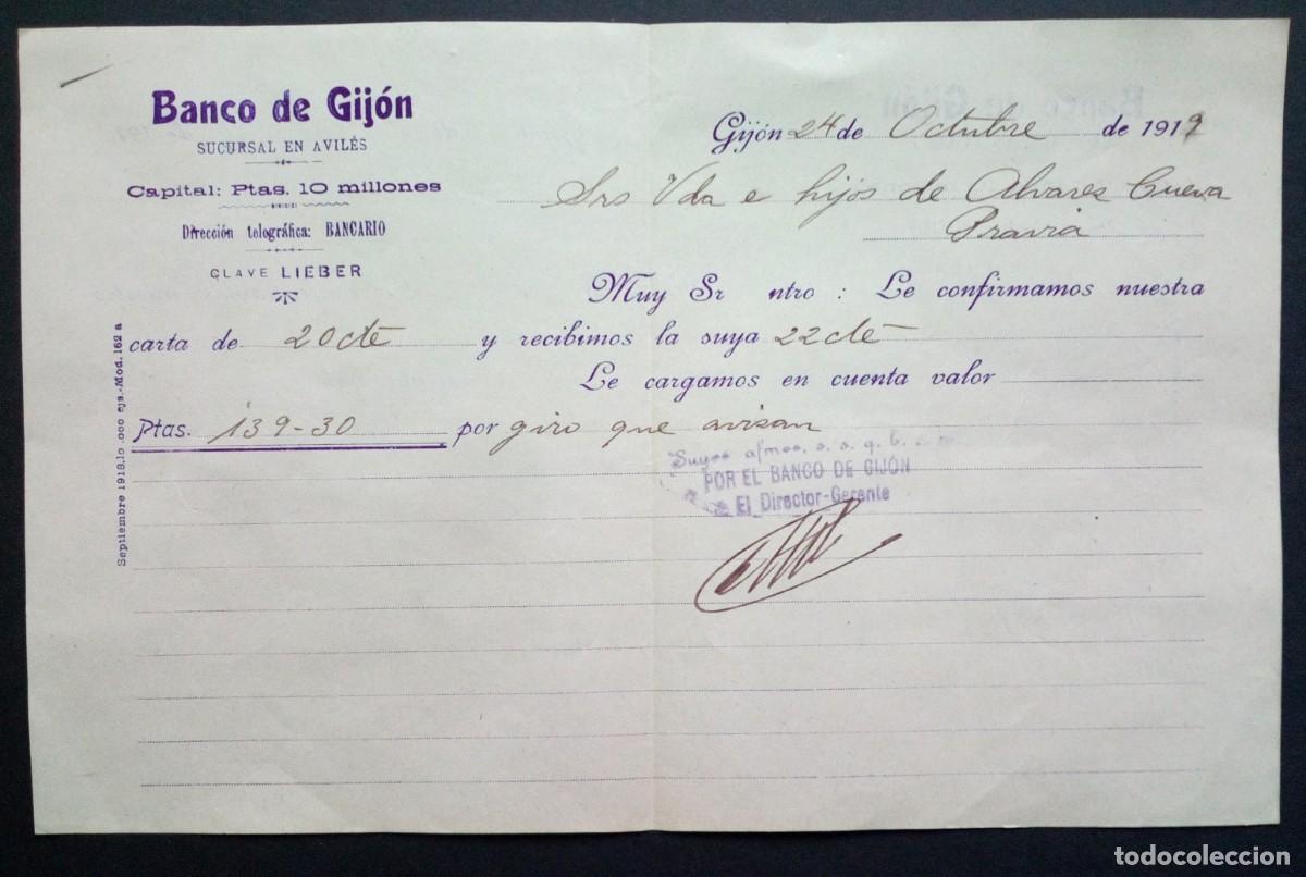 Documentos bancarios: Documento del Banco de Gij&oacute;n. Sucursal de Avil&eacute;s. 1919 - Foto 1