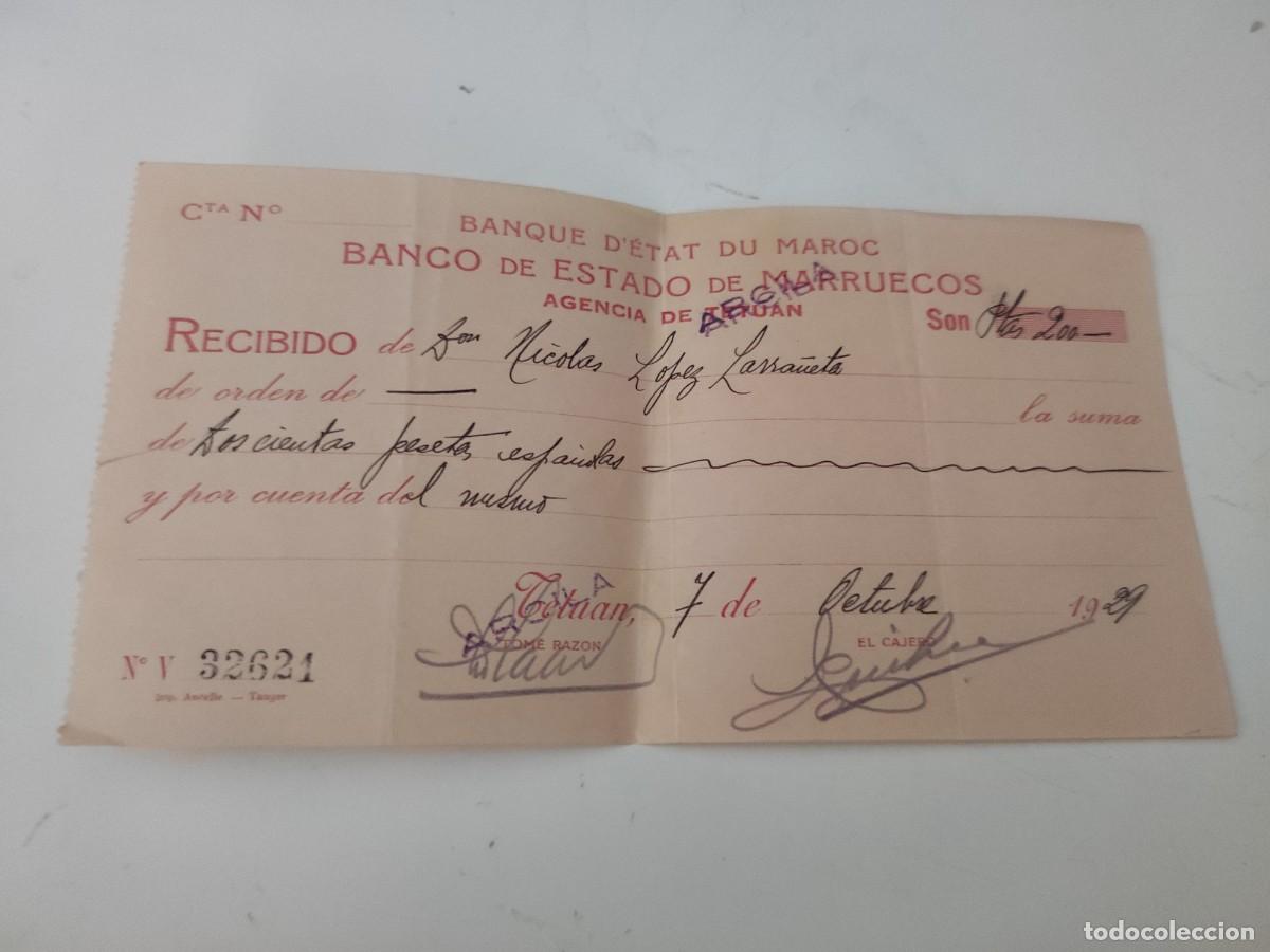 Documentos bancarios: Cheque Banco de Estado de Marruecos. 1929. - Foto 1