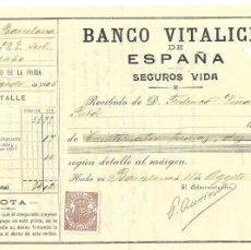 Documentos bancarios: RECIBO PAGO BANCO VITALICIO ESPAÑA SEGUROS VIDA BARCELONA 1906