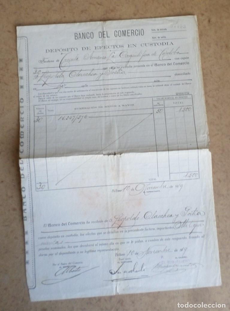 Documentos bancarios: Banco de comercio - Deposito de efectos en custodia - Bilbao 1919 - Foto 1