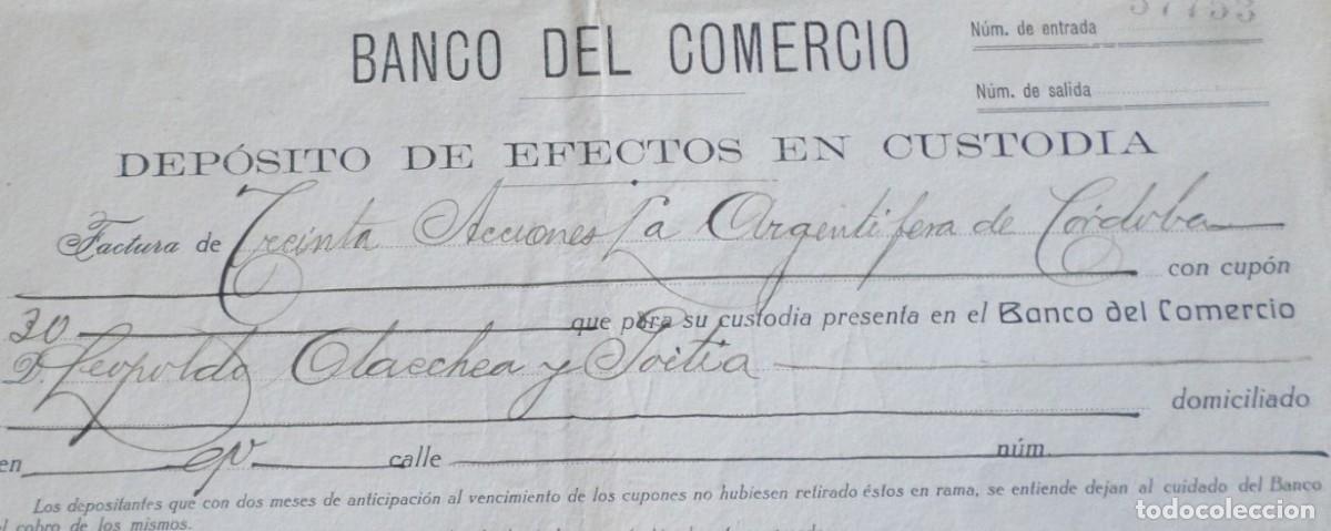 Documentos bancarios: Banco de comercio - Deposito de efectos en custodia - Bilbao 1919 - Foto 2
