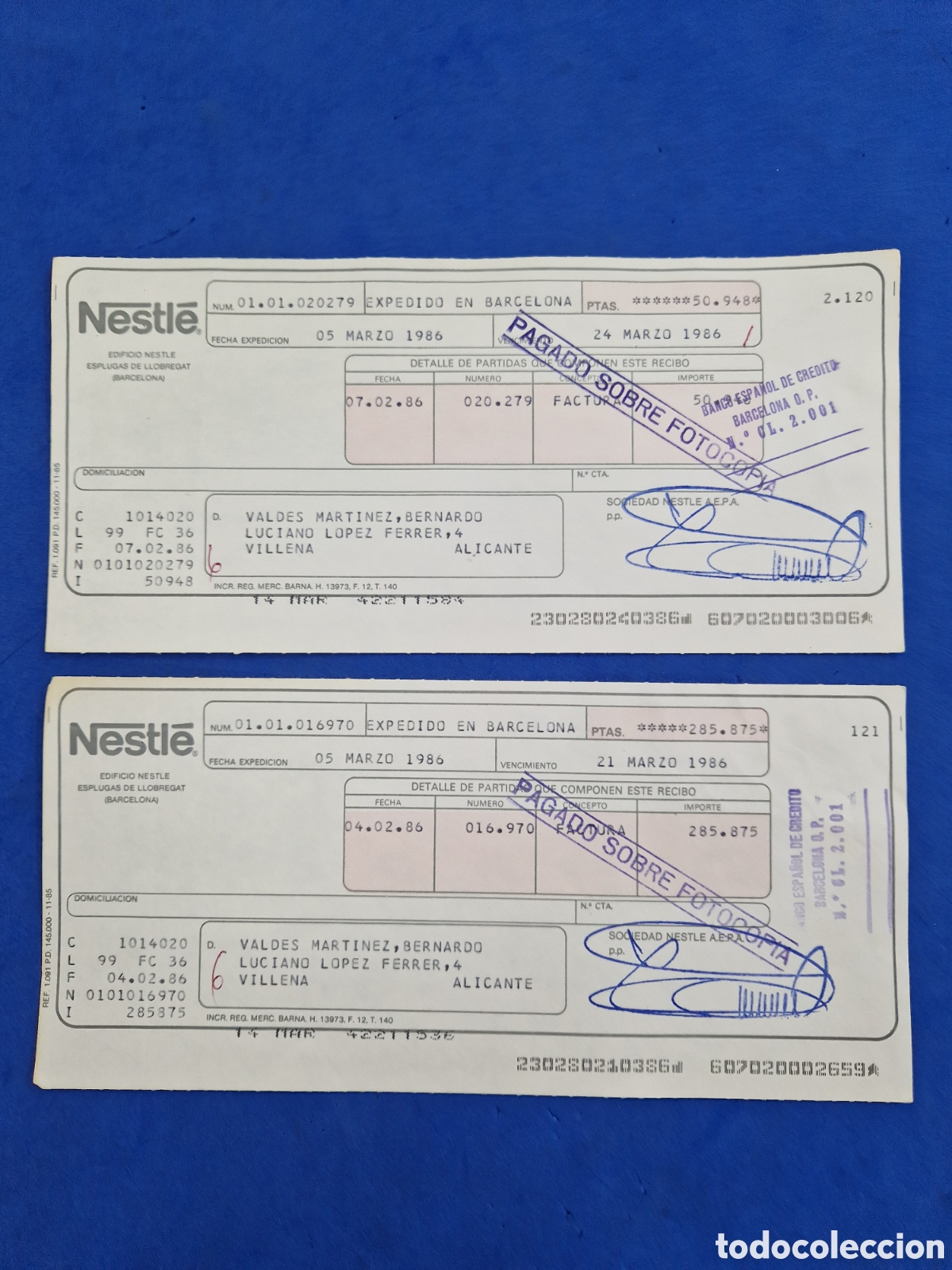 Documentos bancarios: Nestl&eacute; 2 recibos ,a&ntilde;os 1986 - Foto 1
