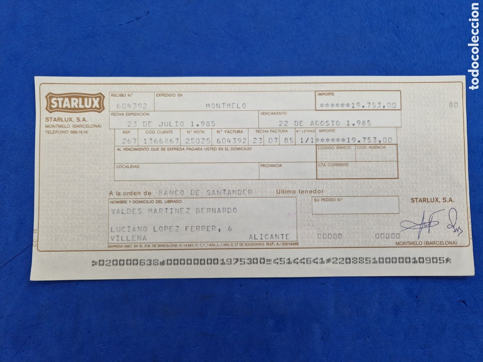 Documentos bancarios: Starlux recibo ,a&ntilde;o 1985 - Foto 1