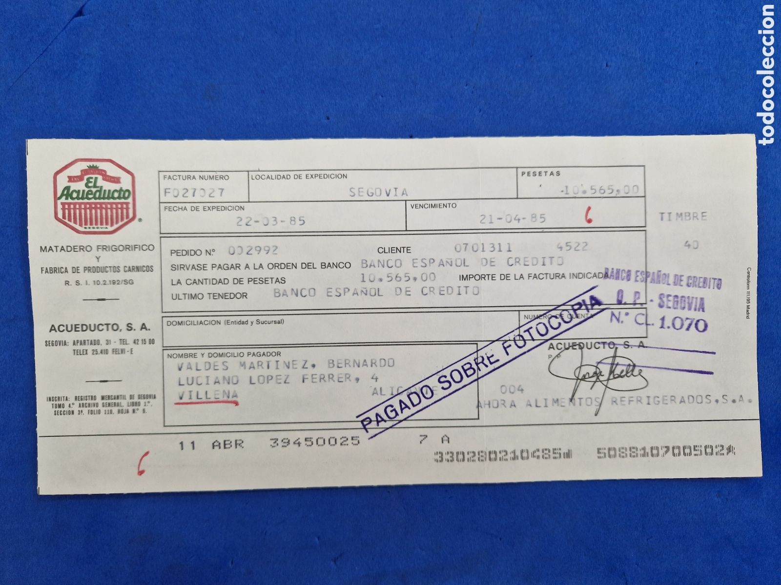 Documentos bancarios: El acueducto ,Recibo a&ntilde;o 1985 - Foto 1