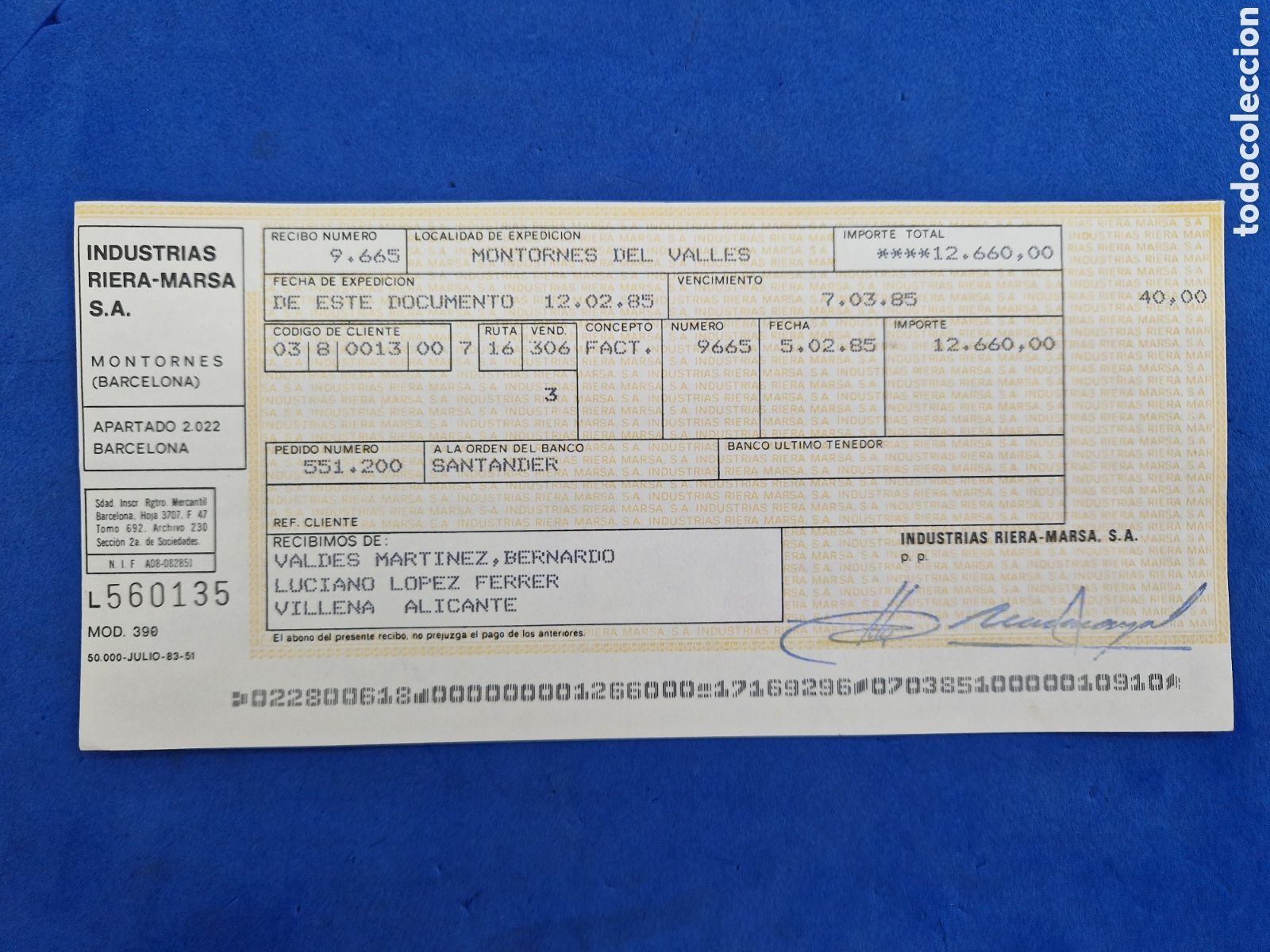 Documentos bancarios: Industrias Riera -Marsa ,recibo ,a&ntilde;o 1985 - Foto 1