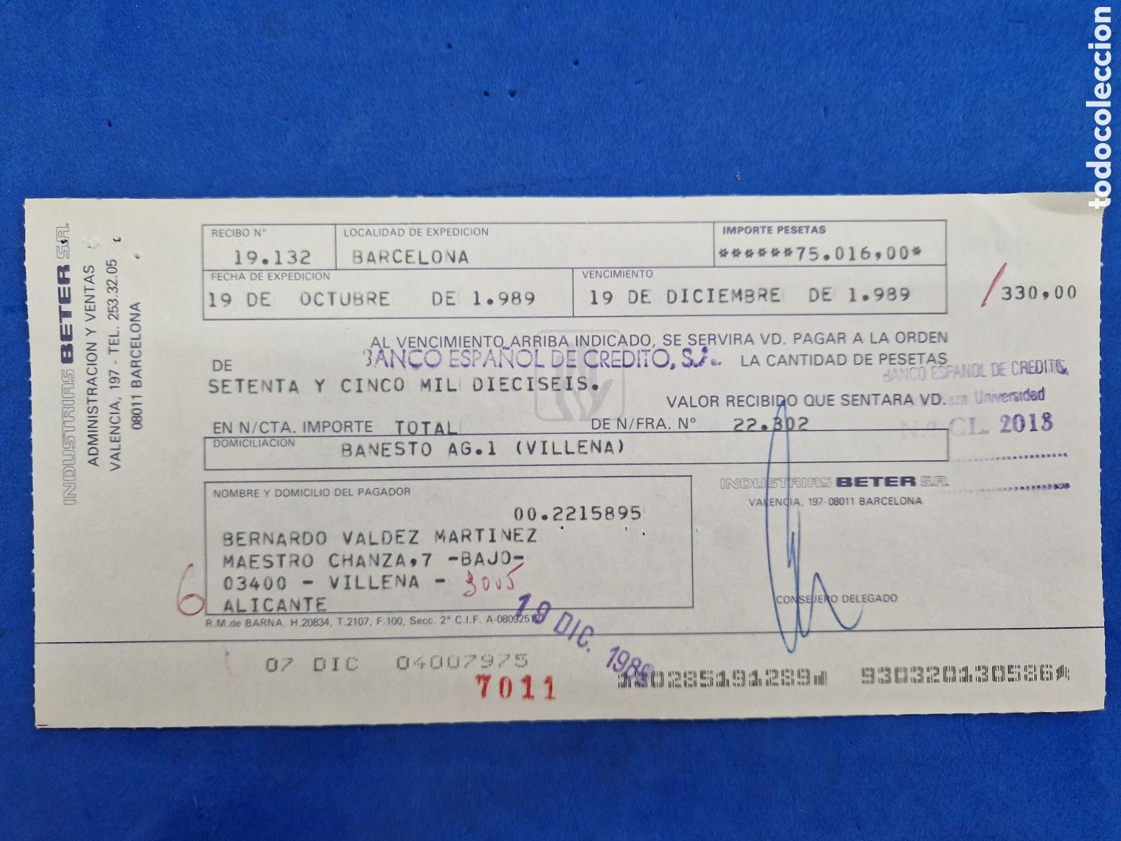 Documentos bancarios: Beter industrias,recibo ,a&ntilde;o 1989 - Foto 1