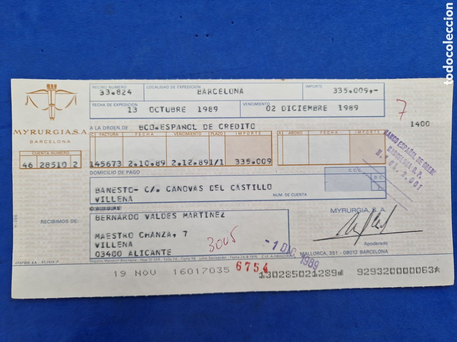 Documentos bancarios: Myrurgia S.A. recibo a&ntilde;o 1989 - Foto 1
