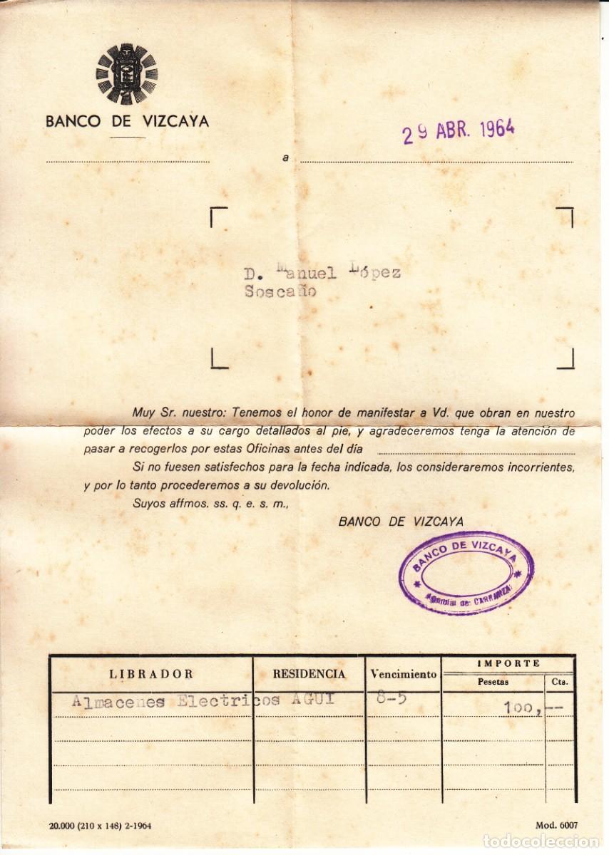 Documentos bancarios: BANCO VIZCAYA: CARRANZA 1964 - Foto 1