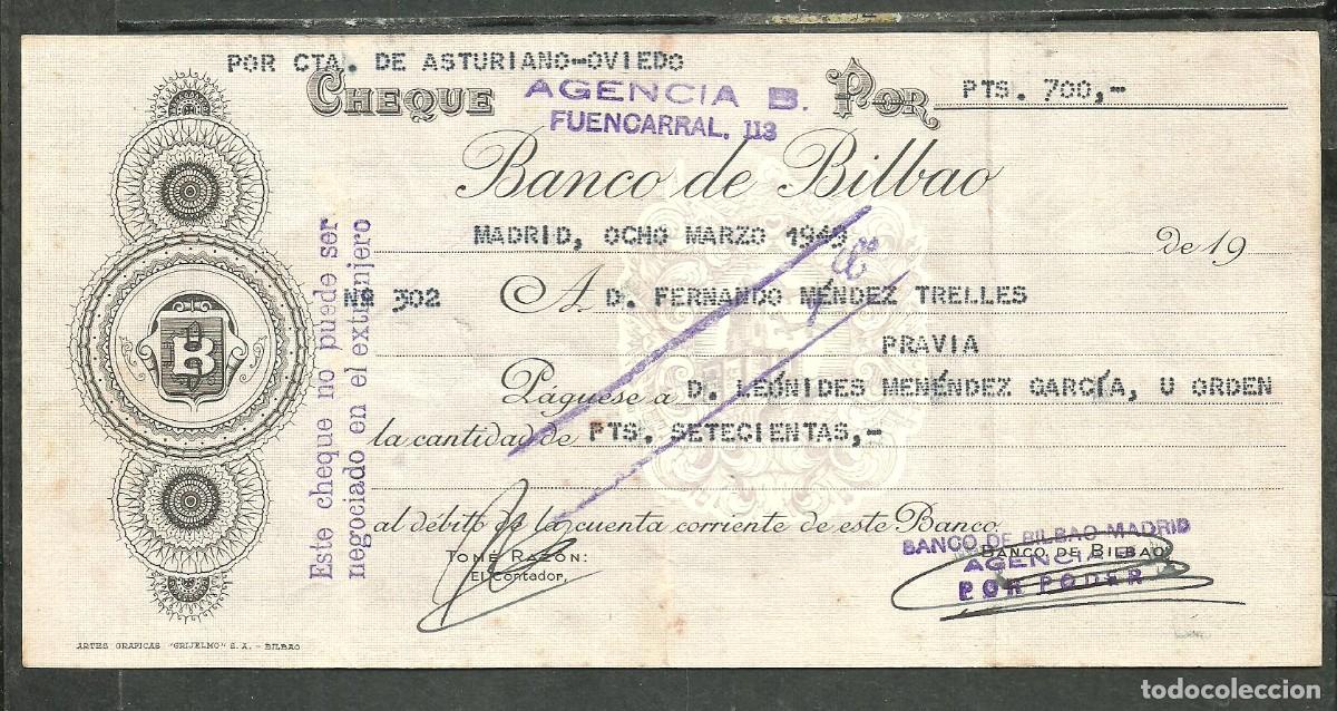 Documentos bancarios: MADRID 1949 - CHEQUE BANCO DE BILBAO - Foto 1