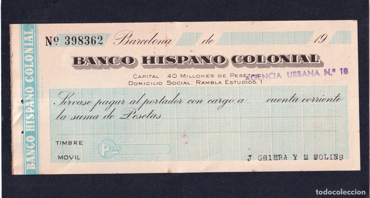 Documentos bancarios: Banco Hispano Colonial , Cheque no emitido - Foto 1