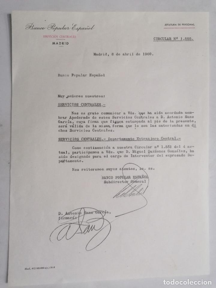 Documentos bancarios: DOCUMENTO BANCO POPULAR ESPA&Ntilde;OL, SERVICIOS CENTRALES, 8 DE ABRIL DE 1960 - Foto 1