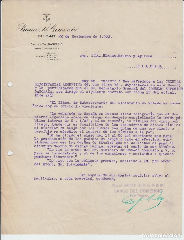 Documentos bancarios: Carta comercial BANCO DEL COMERCIO Bilbao 1933 +/- - Foto 1