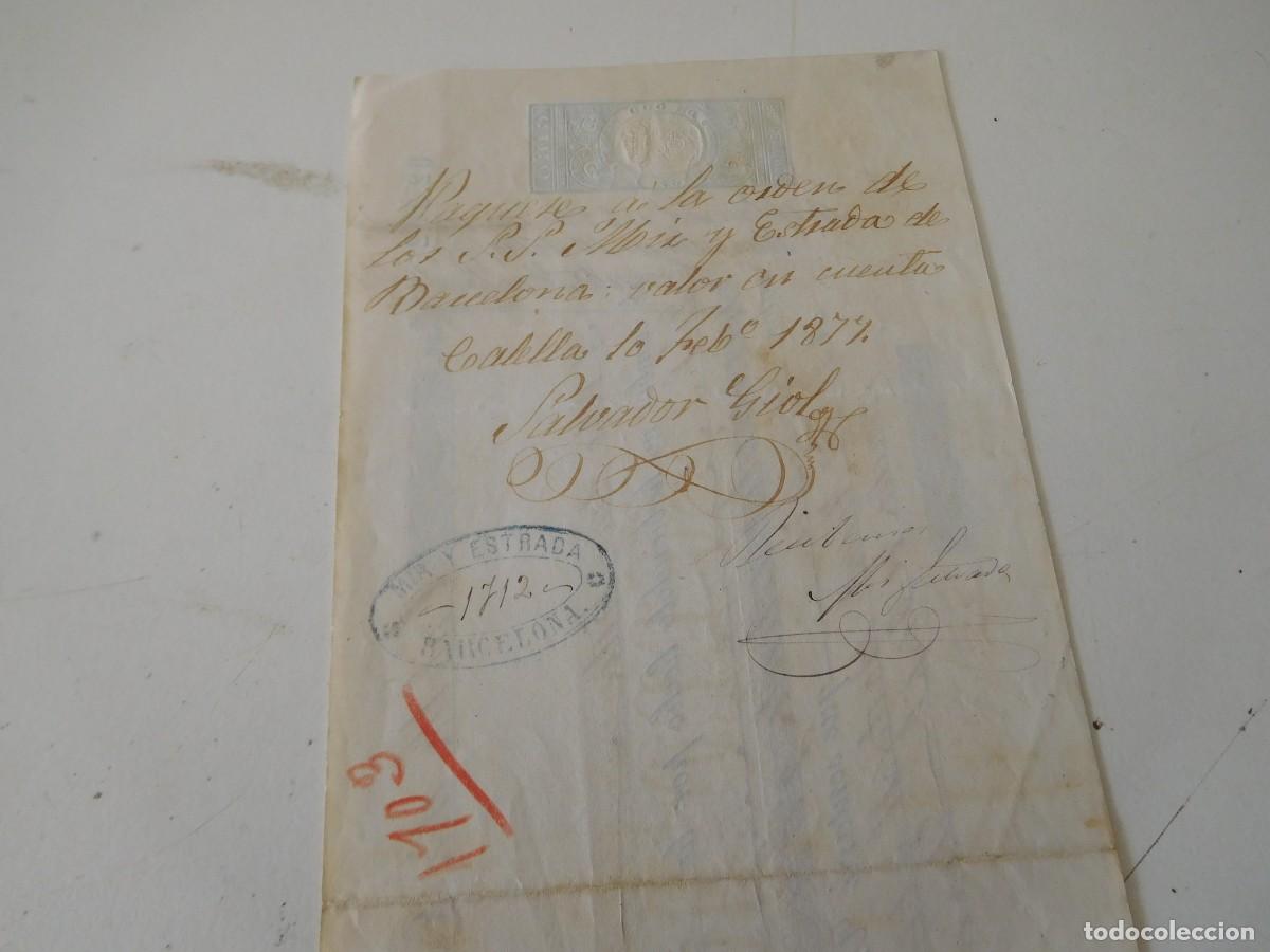 Documentos bancarios: &Uacute;nica de cambio. Pedemonte e hijos. Calella a&ntilde;o 1877 - Foto 2
