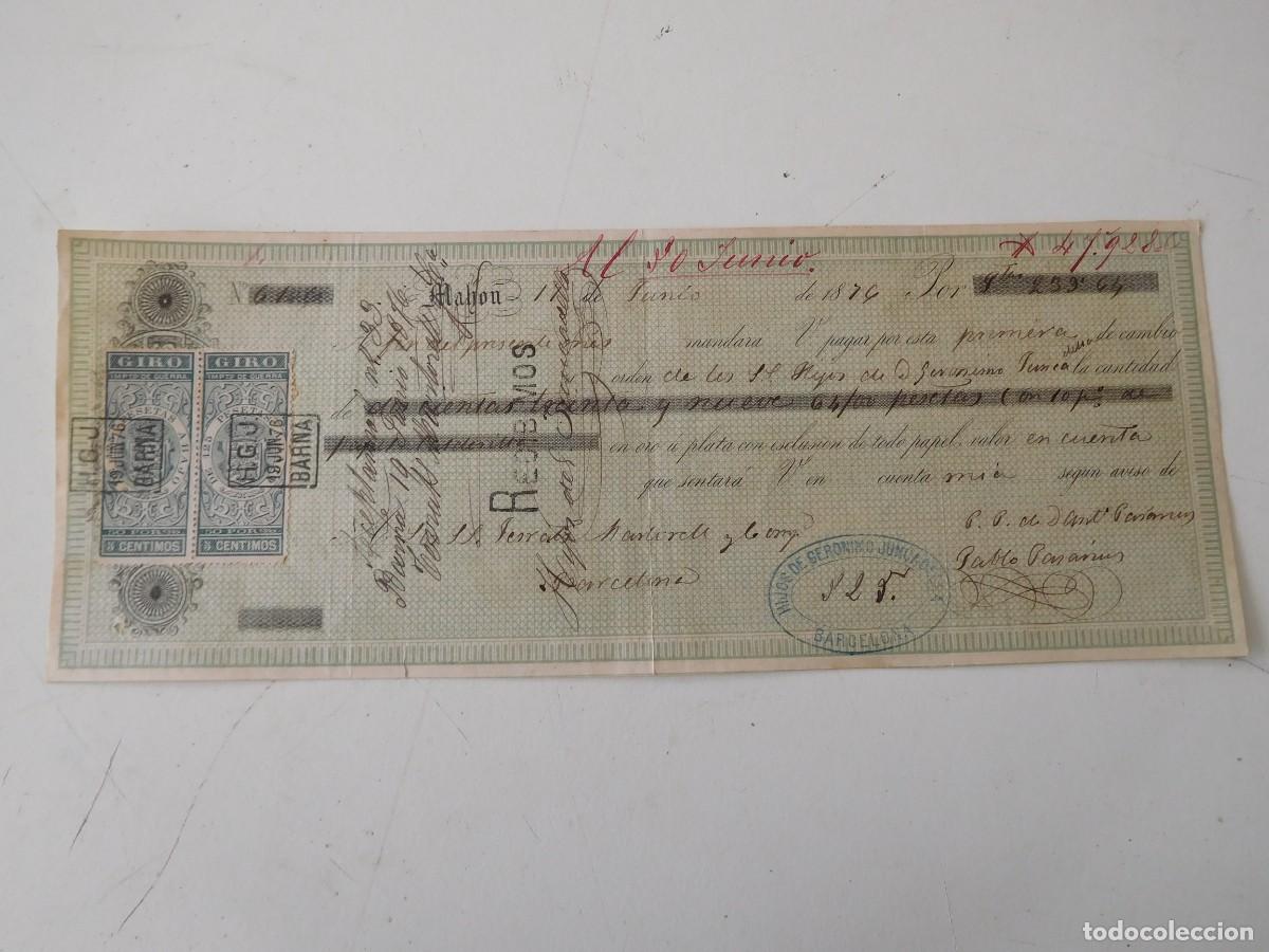Documentos bancarios: Primera de cambio. Hijos de Geronimo Juncalleda a&ntilde;o 1876 Mahon - Foto 1