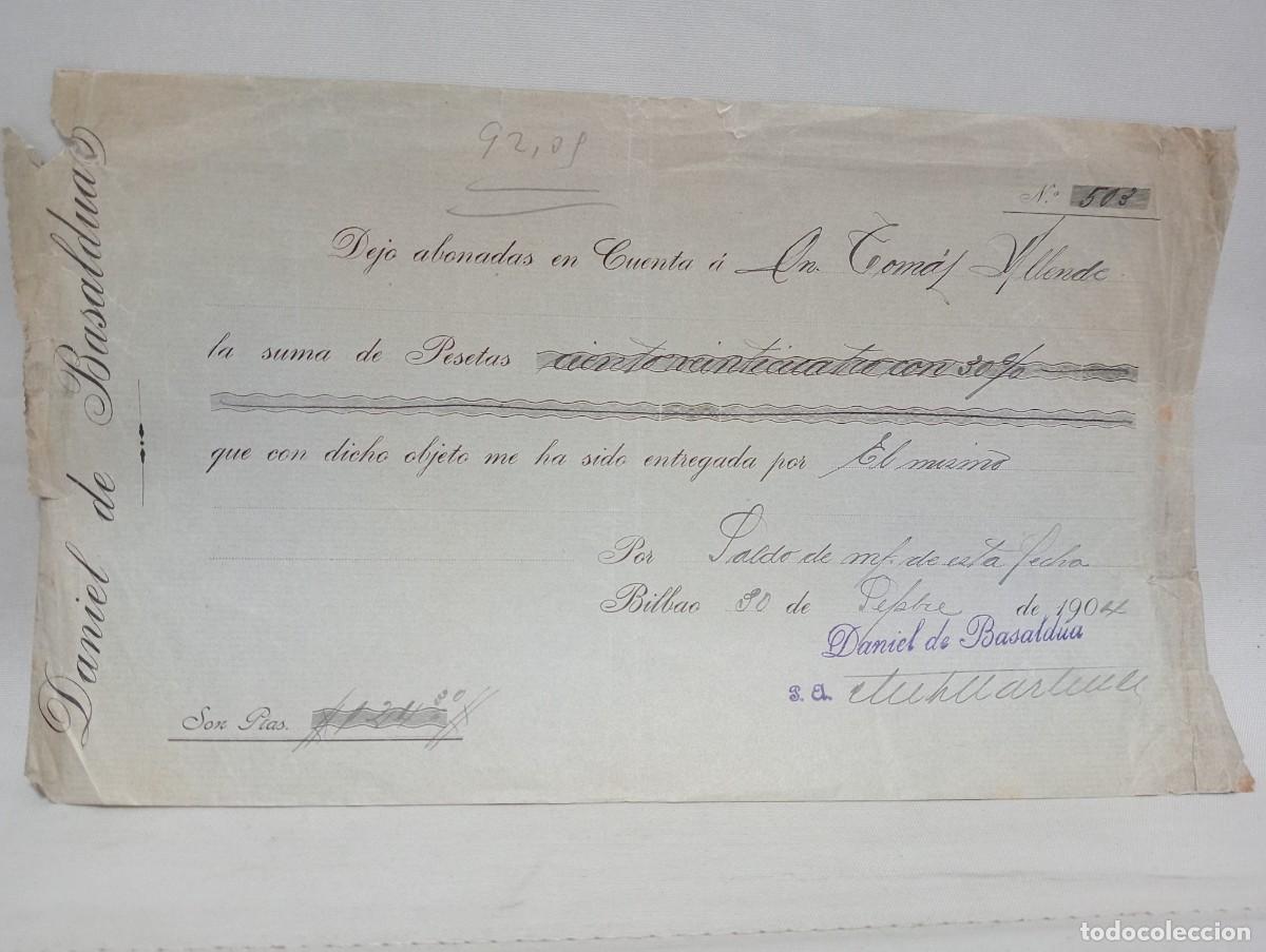Documentos bancarios: RECIBO DE ABONO EN CUENTA. DANIEL DE BASALDUA. BILBAO 1904 - Foto 1