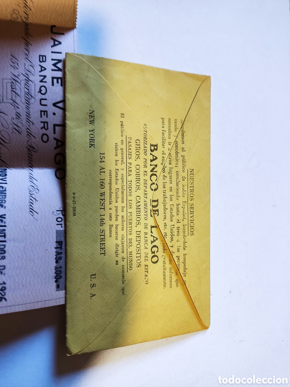 Documentos bancarios: Sobre con dos cheques a&ntilde;o 1926 Banco de Lago - Foto 2