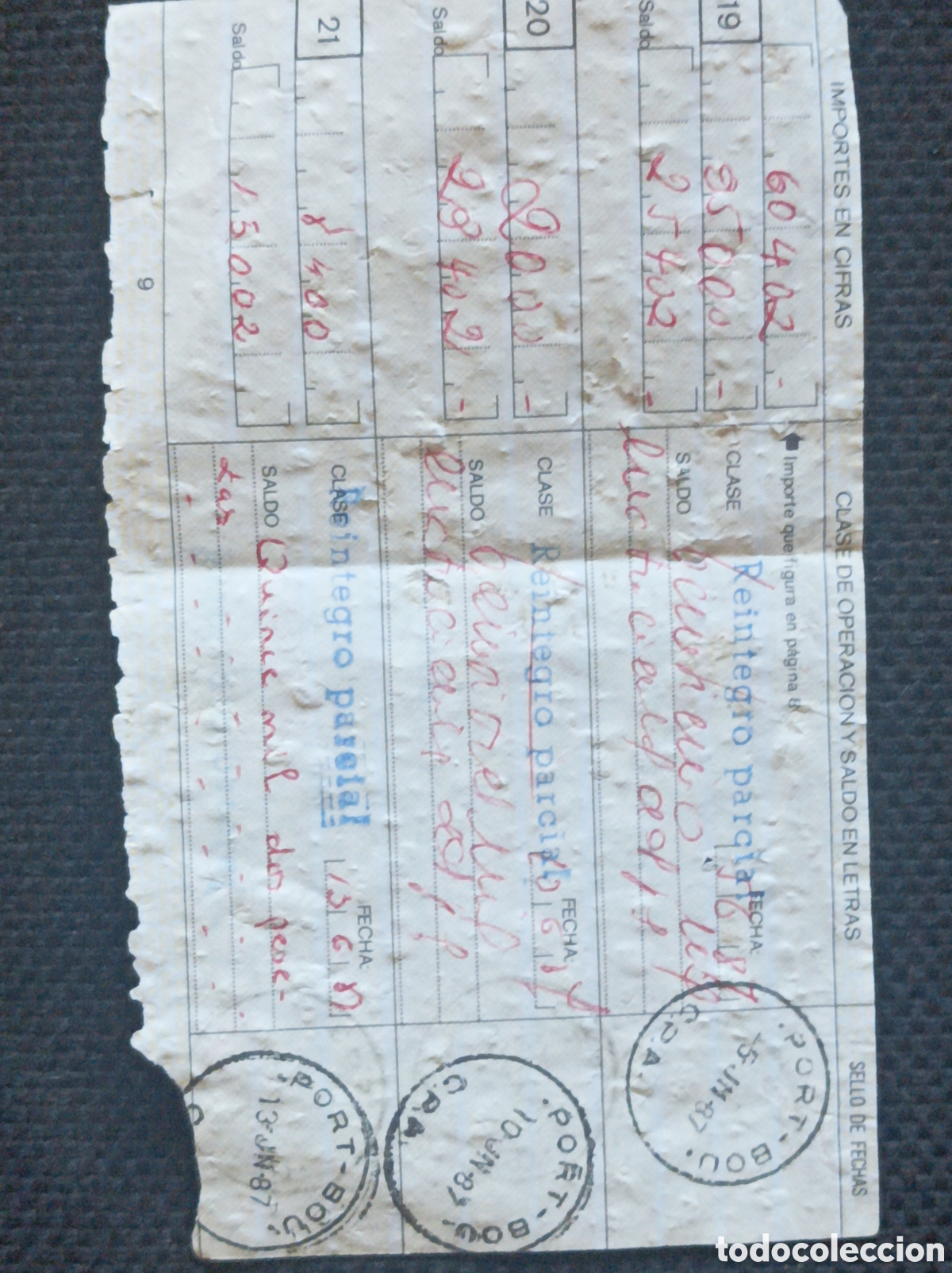 Documentos bancarios: REINTEGRO PARCIAL PORTBOU - MAYO 1987 - Foto 2