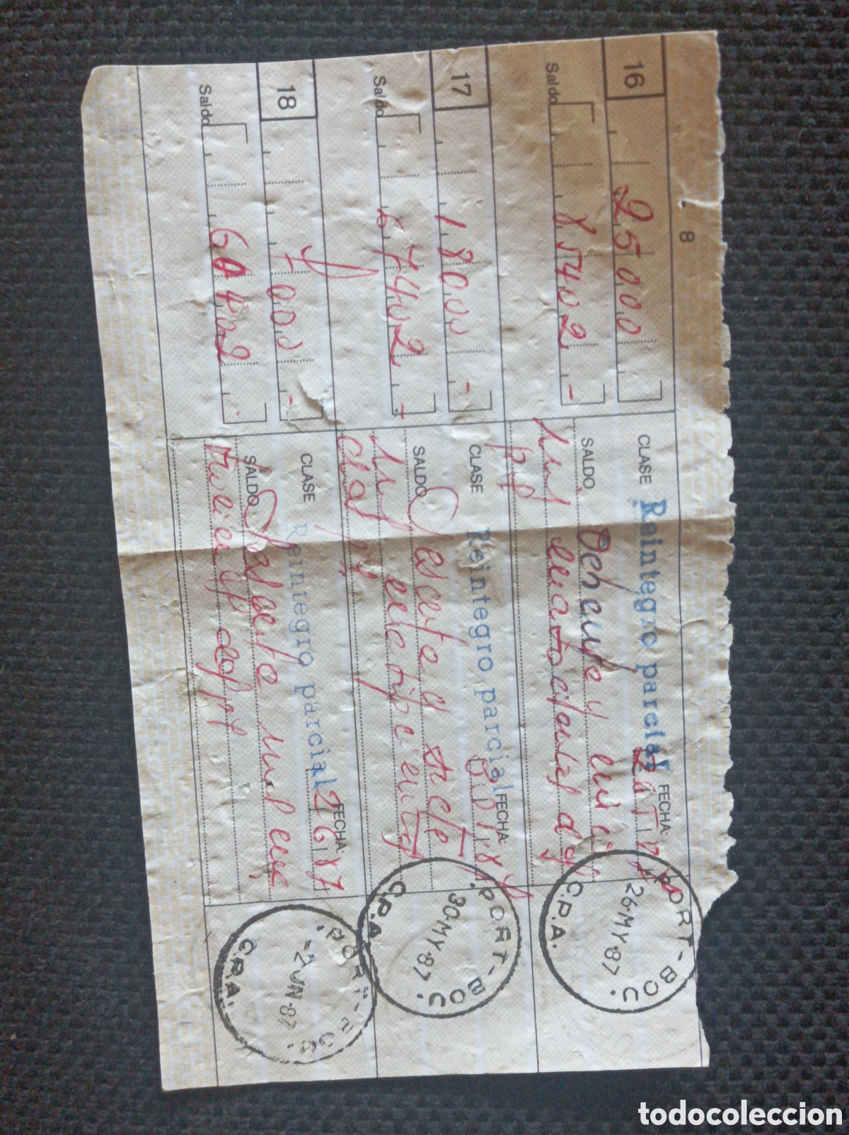Documentos bancarios: REINTEGRO PARCIAL PORTBOU - MAYO 1987 - Foto 1