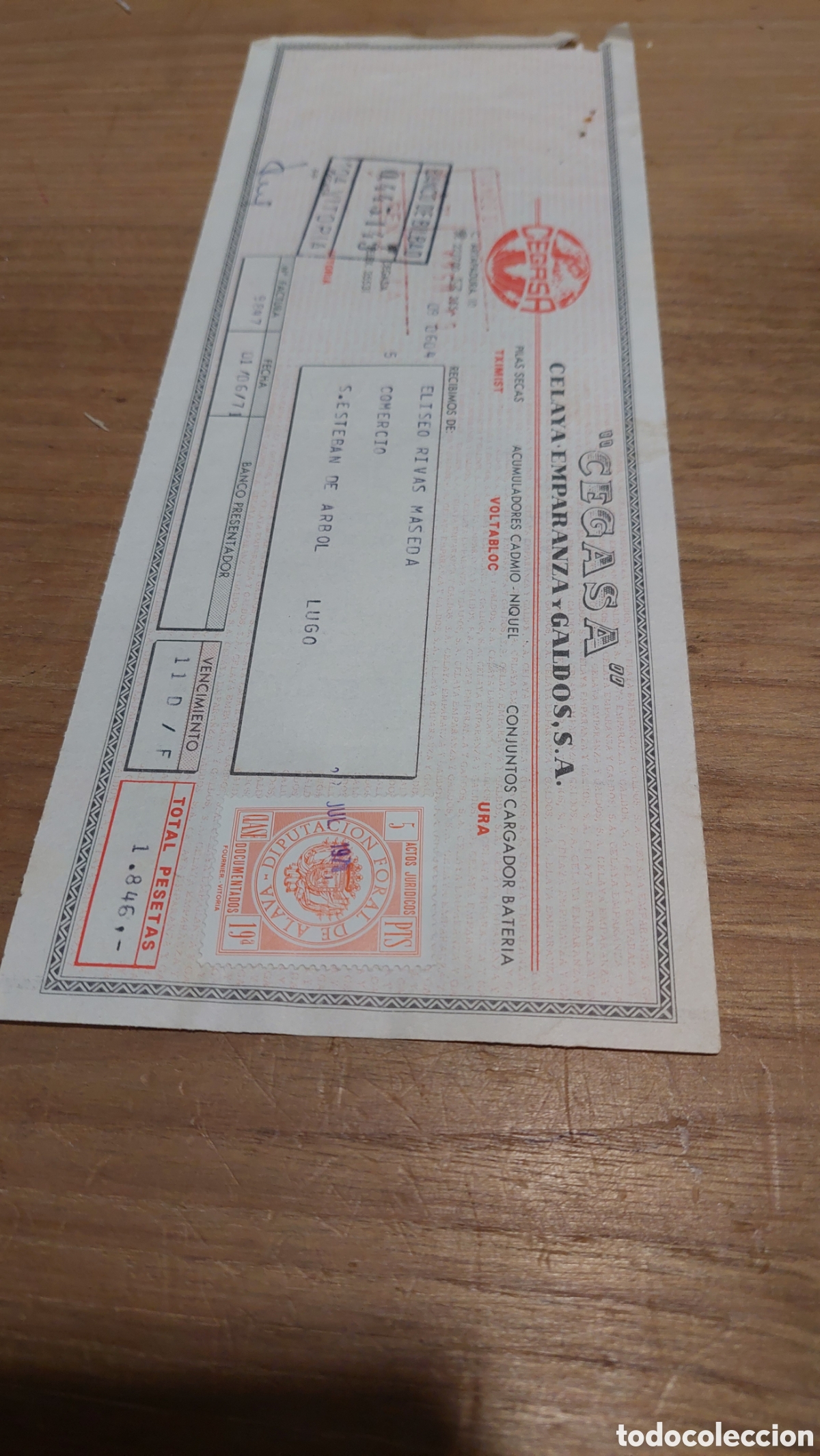 Documentos bancarios: Cegada pilas recibo cobro documentos banco Bilbao 1971 - Foto 1