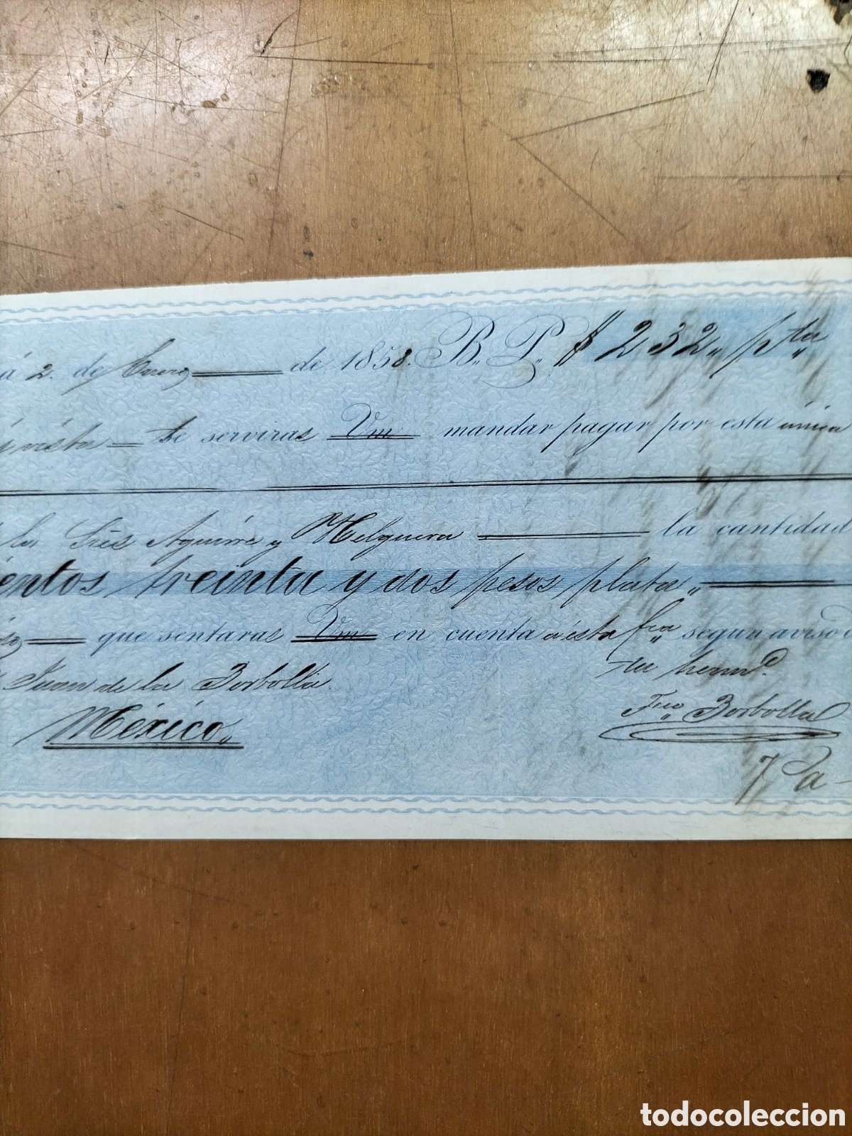 Documentos bancarios: M&eacute;xico.Cheque de 232 pesos de plata.1858. - Foto 3