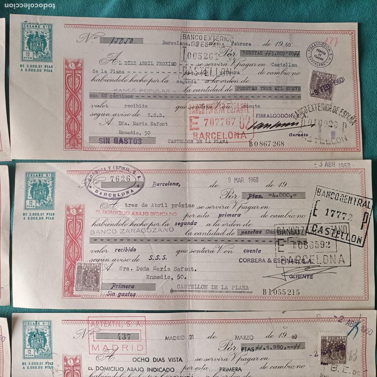 Documentos bancarios: lote 10 letras de cambio 1960 Espa&ntilde;a - Foto 3