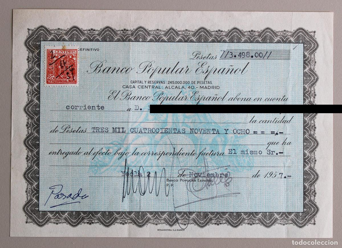 Documentos bancarios: Cheque. Banco Popular Espa&ntilde;ol. Madrid, 1957 - Foto 1