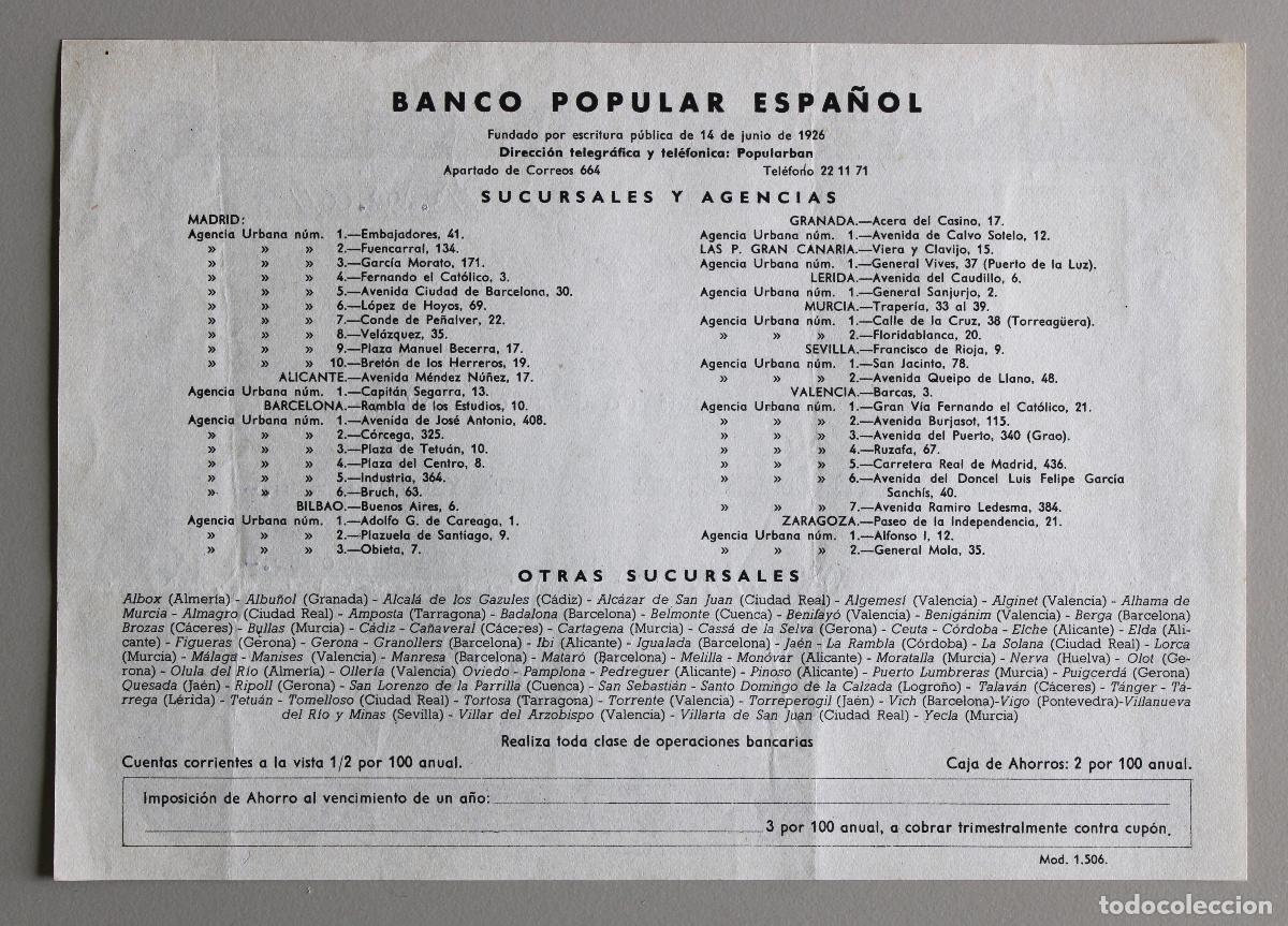 Documentos bancarios: Cheque. Banco Popular Espa&ntilde;ol. Madrid, 1957 - Foto 2