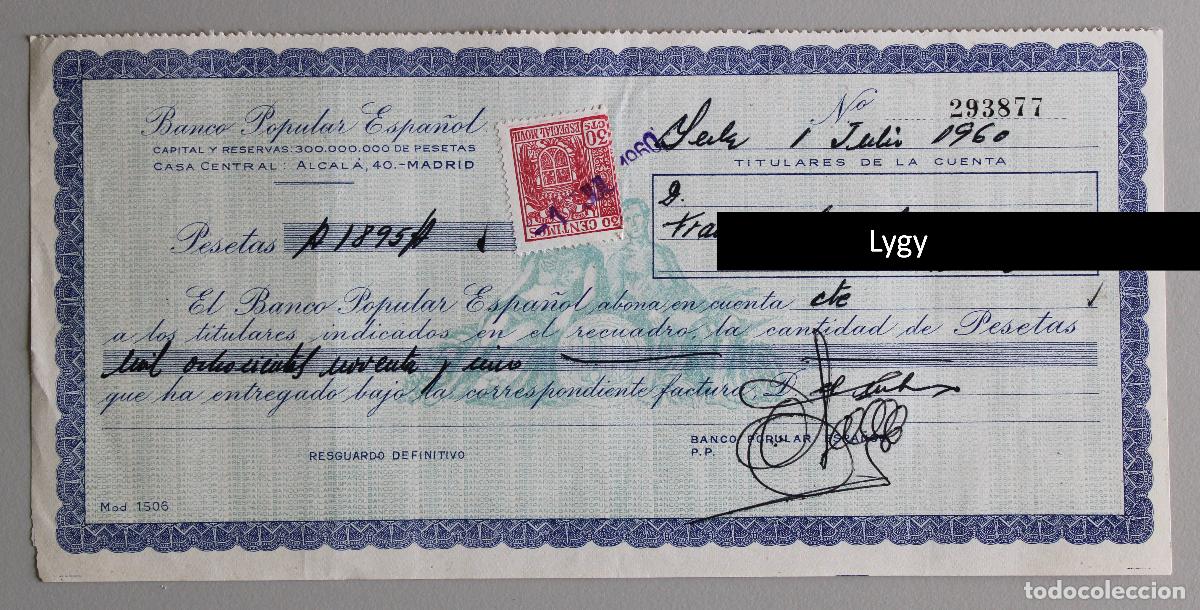 Documentos bancarios: Cheque. Banco Popular Espa&ntilde;ol. Madrid, 1960 - Foto 1