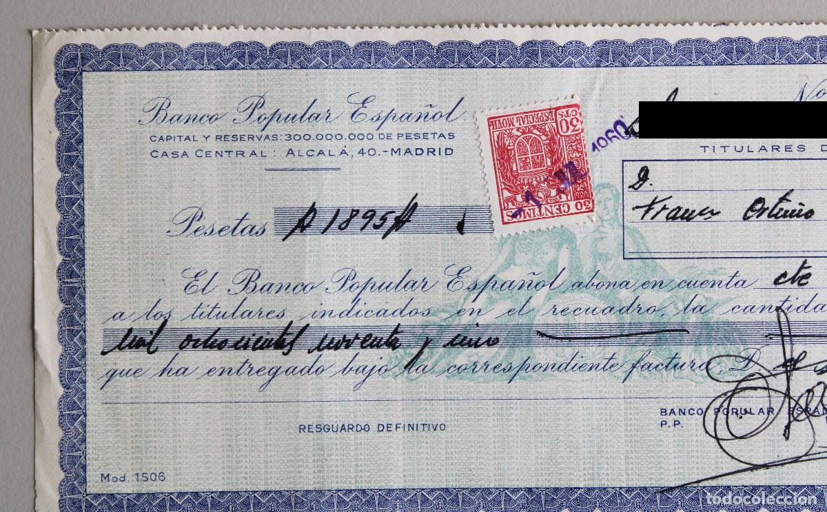 Documentos bancarios: Cheque. Banco Popular Espa&ntilde;ol. Madrid, 1960 - Foto 2