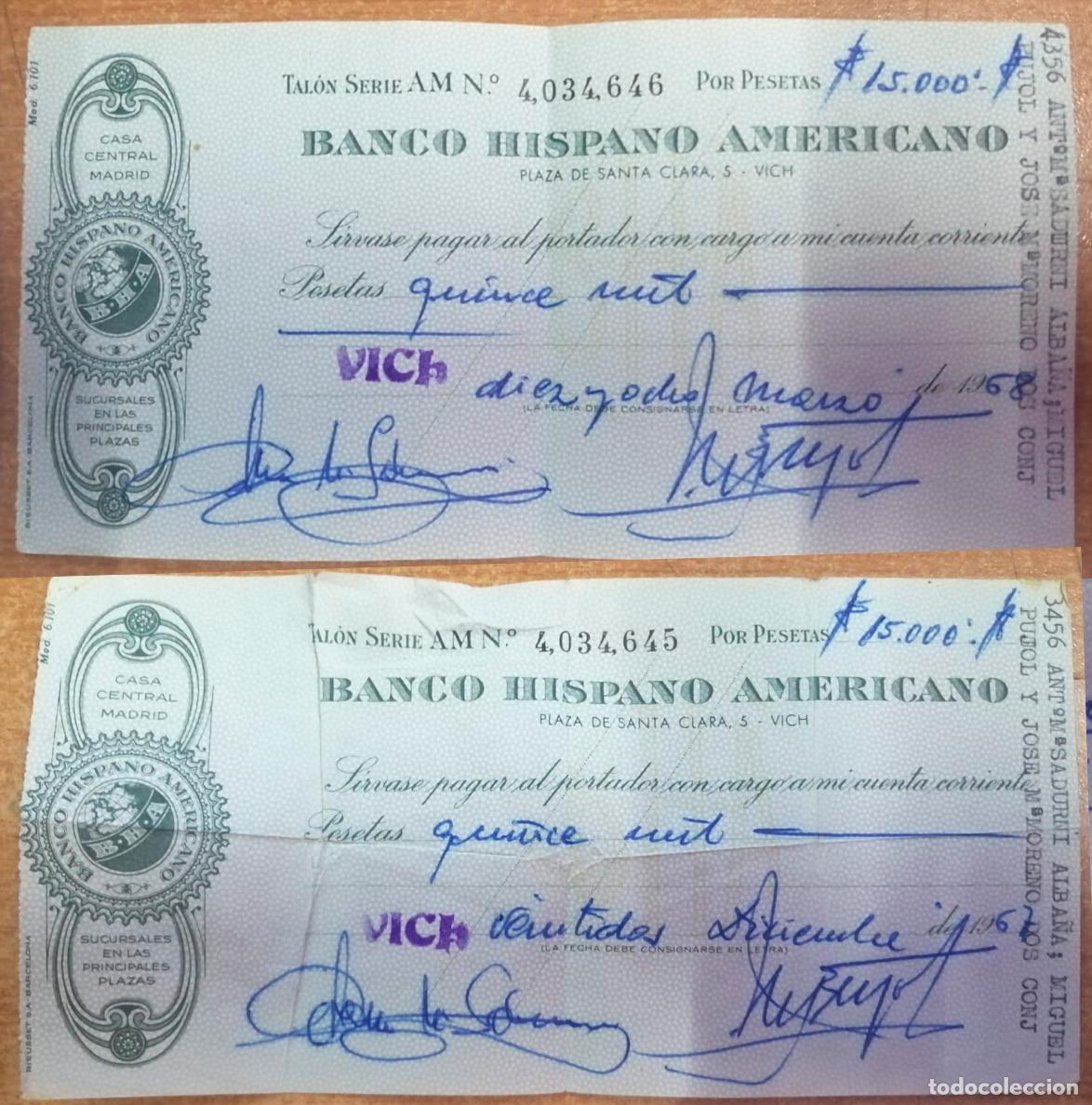 Documentos bancarios: dos CHEQUES DEL BANCO HISPANO AMERICANO, VALENCIA, 1967 - Foto 1