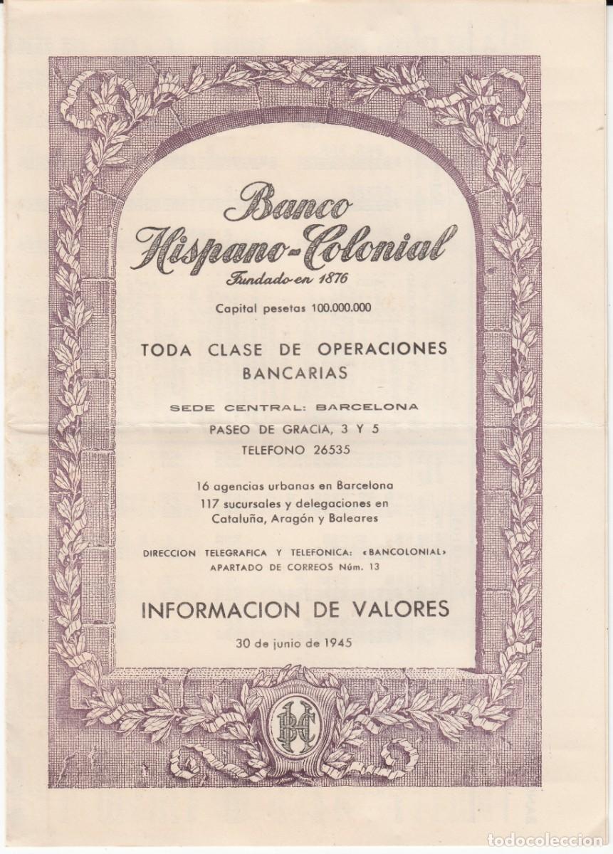 Documentos bancarios: BANCO HISPANO COLONIAL - INFORMACI&Oacute;N DE VALORES - JUNIO 1945 - Foto 1