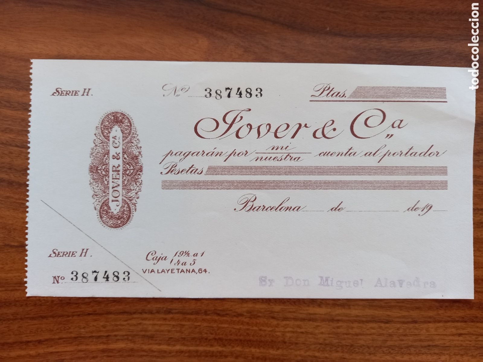 Documentos bancarios: BANCA JOVER. Antiguo cheque. H. 1930 - Foto 1
