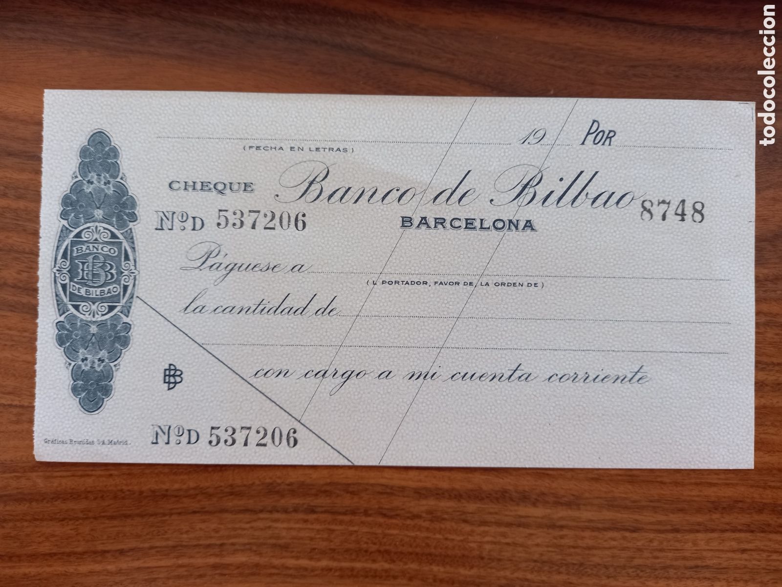 Documentos bancarios: Cheque BANCO DE BILBAO. Barcelona H. 1930 - Foto 1