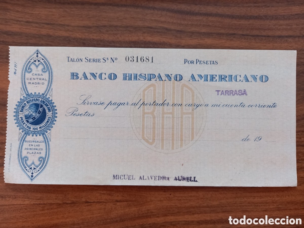 Documentos bancarios: Cheque BANCO HISPANO AMERICANO. Tarrasa H. 1930 - Foto 1