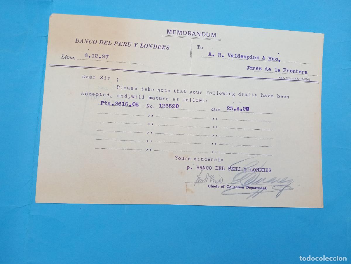 Documentos bancarios: MEMORANDUM. BANCO DEL PERU Y LONDRES. LIMA, PERU. 1927. - Foto 1