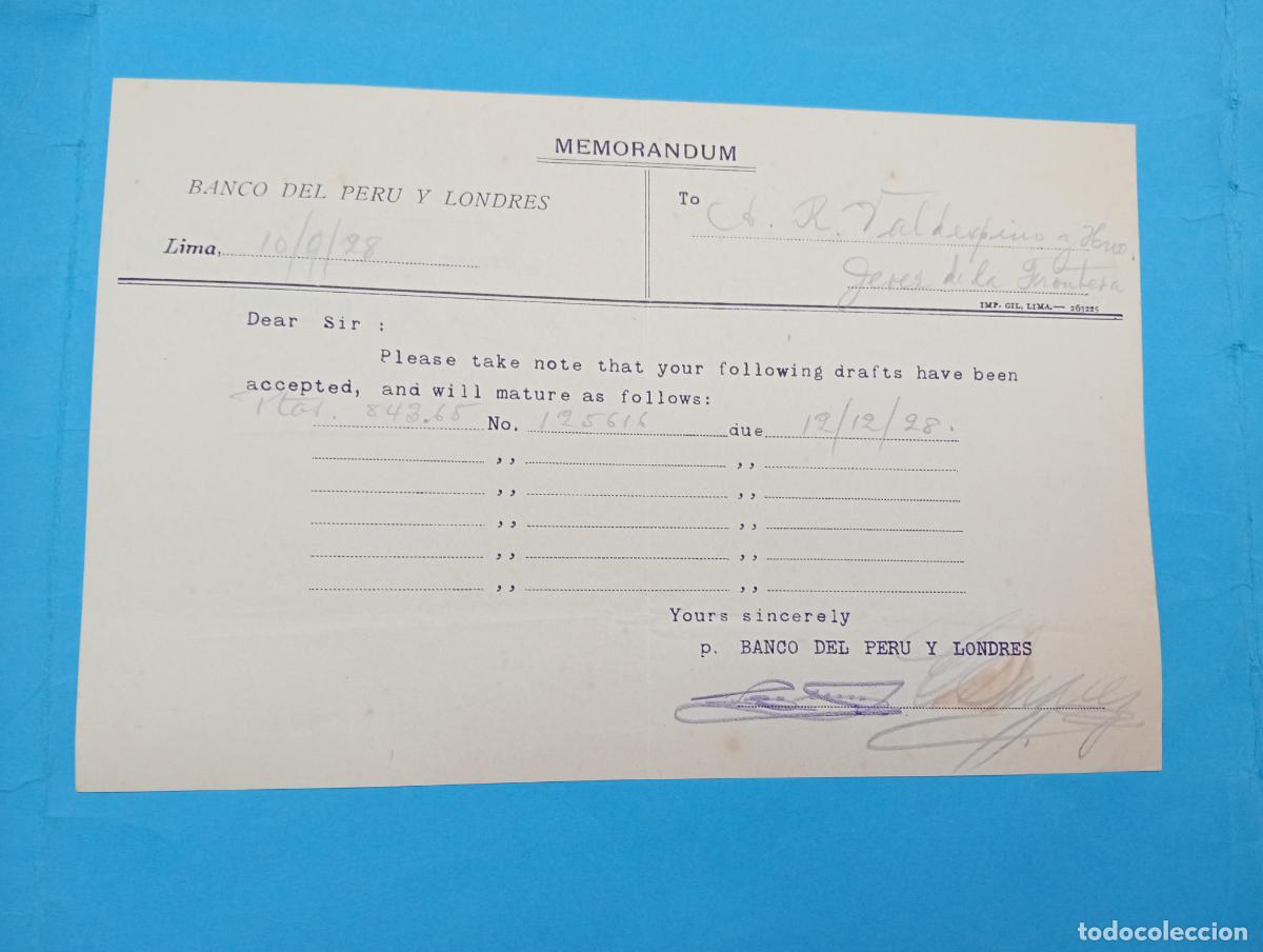 Documentos bancarios: MEMORANDUM. BANCO DEL PERU Y LONDRES. LIMA, PERU. 1928. - Foto 1
