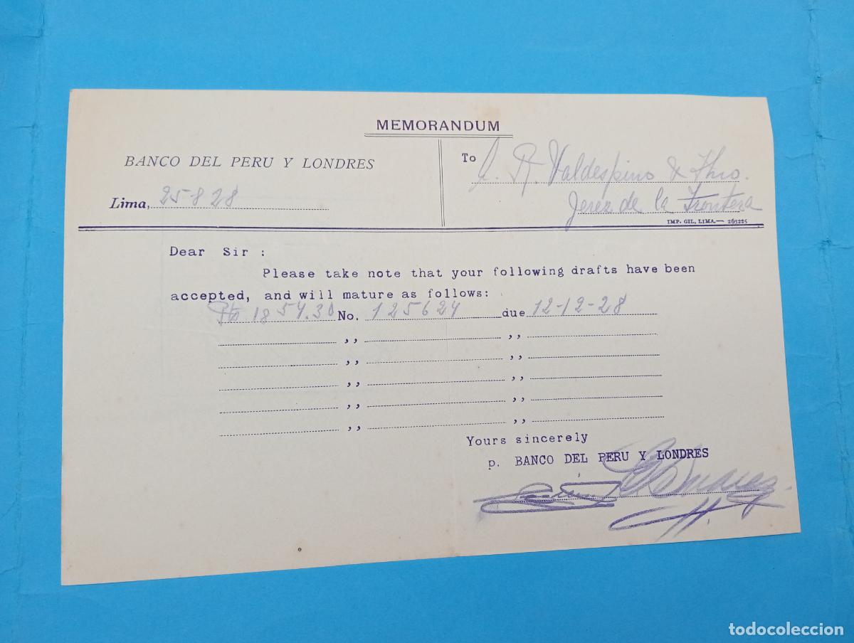 Documentos bancarios: MEMORANDUM. BANCO DEL PERU Y LONDRES. LIMA, PERU. 1928. - Foto 1