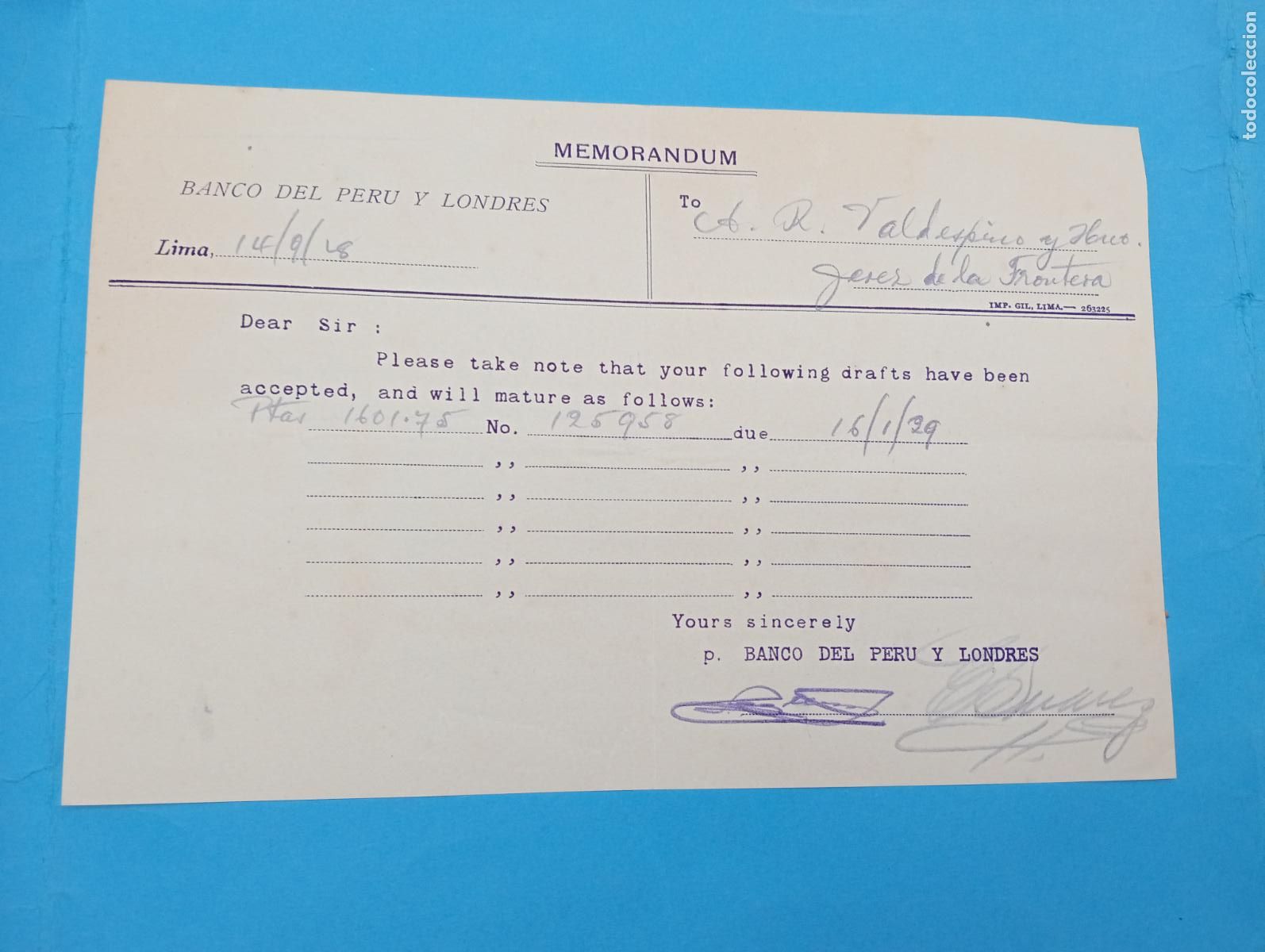Documentos bancarios: MEMORANDUM. BANCO DEL PERU Y LONDRES. LIMA, PERU. 1928. - Foto 1