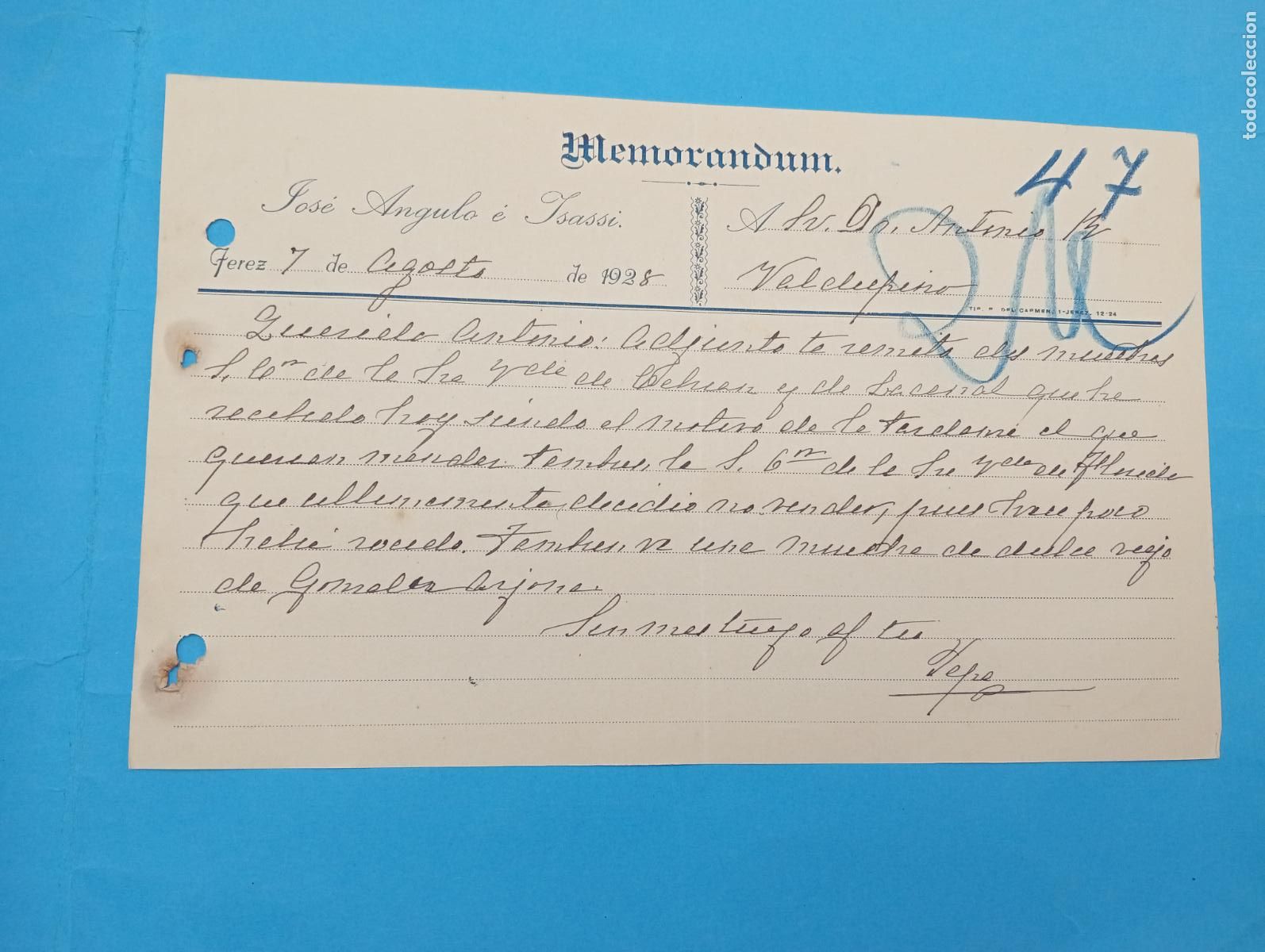 Documentos bancarios: MEMORANDUM. JOSE ANGULO E YSASSI. JEREZ DE LA FRONTERA. 1928. - Foto 1