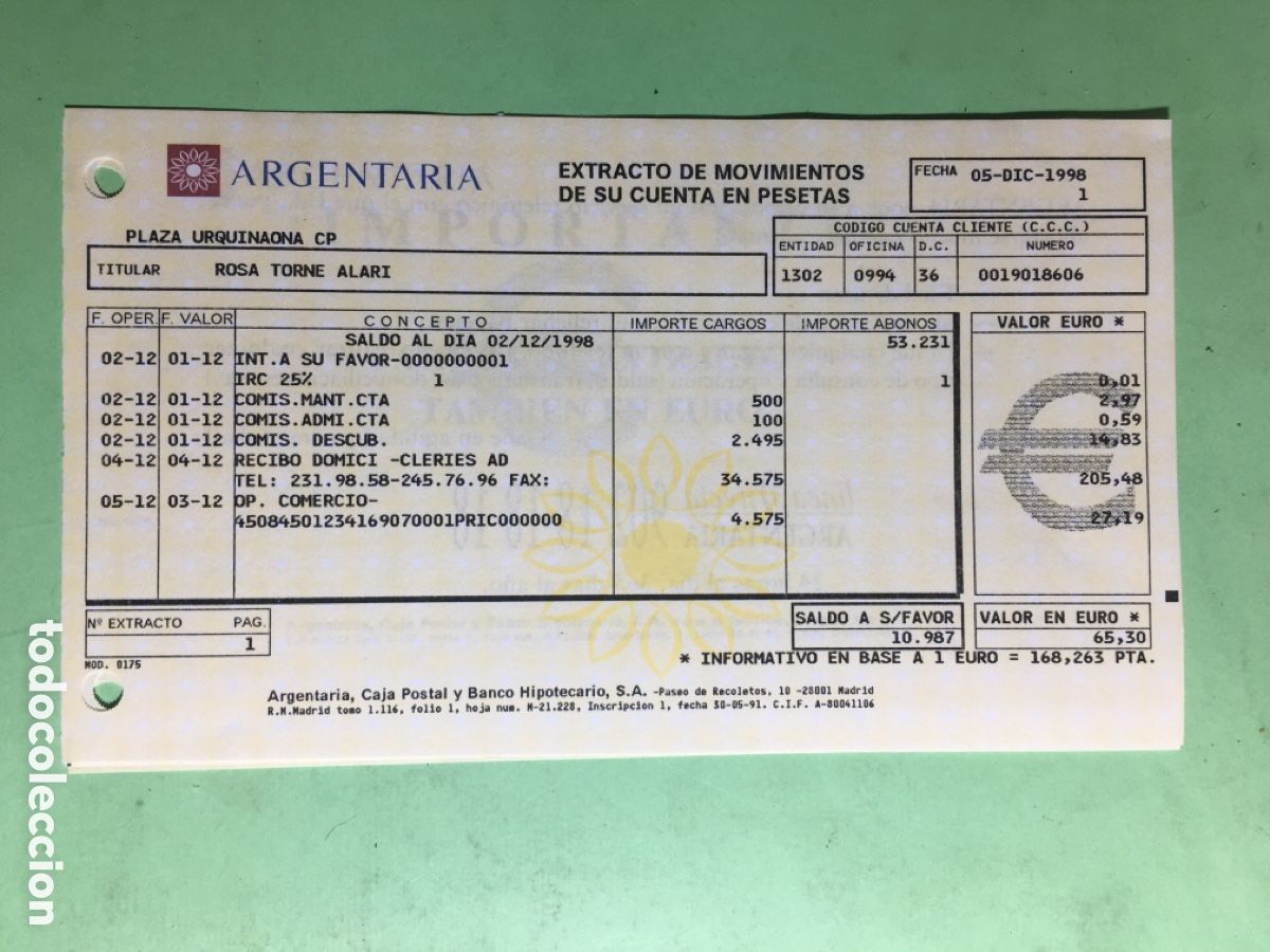 Documentos bancarios: 1997/98 LOTE DE 9 &Iacute;TEMS DIVERSOS DEL BANCO &lsquo;&rsquo;ARGENTARIA&rsquo;&rsquo; - Foto 2