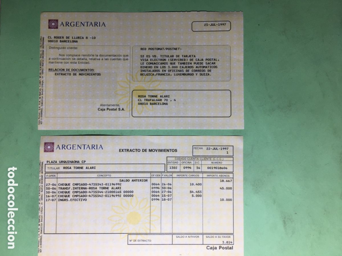 Documentos bancarios: 1997/98 LOTE DE 9 &Iacute;TEMS DIVERSOS DEL BANCO &lsquo;&rsquo;ARGENTARIA&rsquo;&rsquo; - Foto 9
