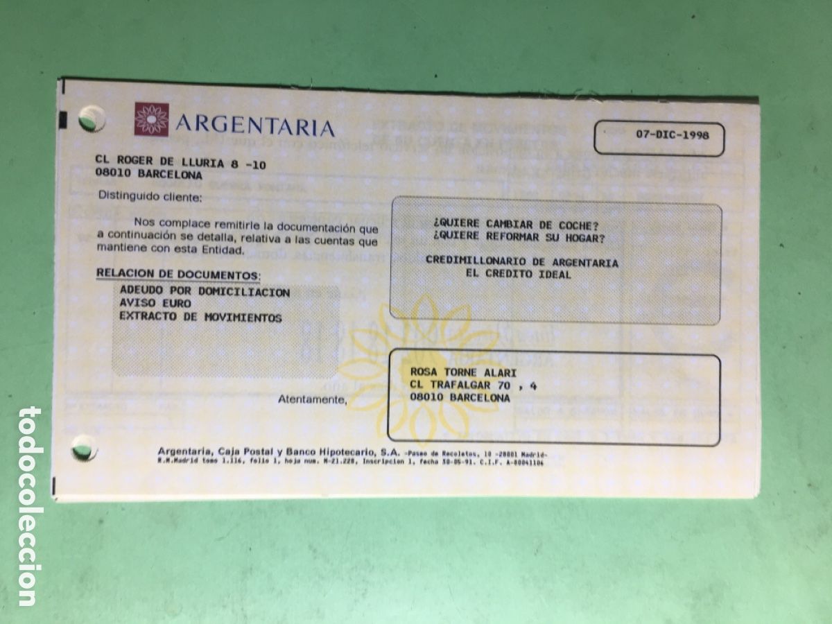 Documentos bancarios: 1997/98 LOTE DE 9 &Iacute;TEMS DIVERSOS DEL BANCO &lsquo;&rsquo;ARGENTARIA&rsquo;&rsquo; - Foto 3