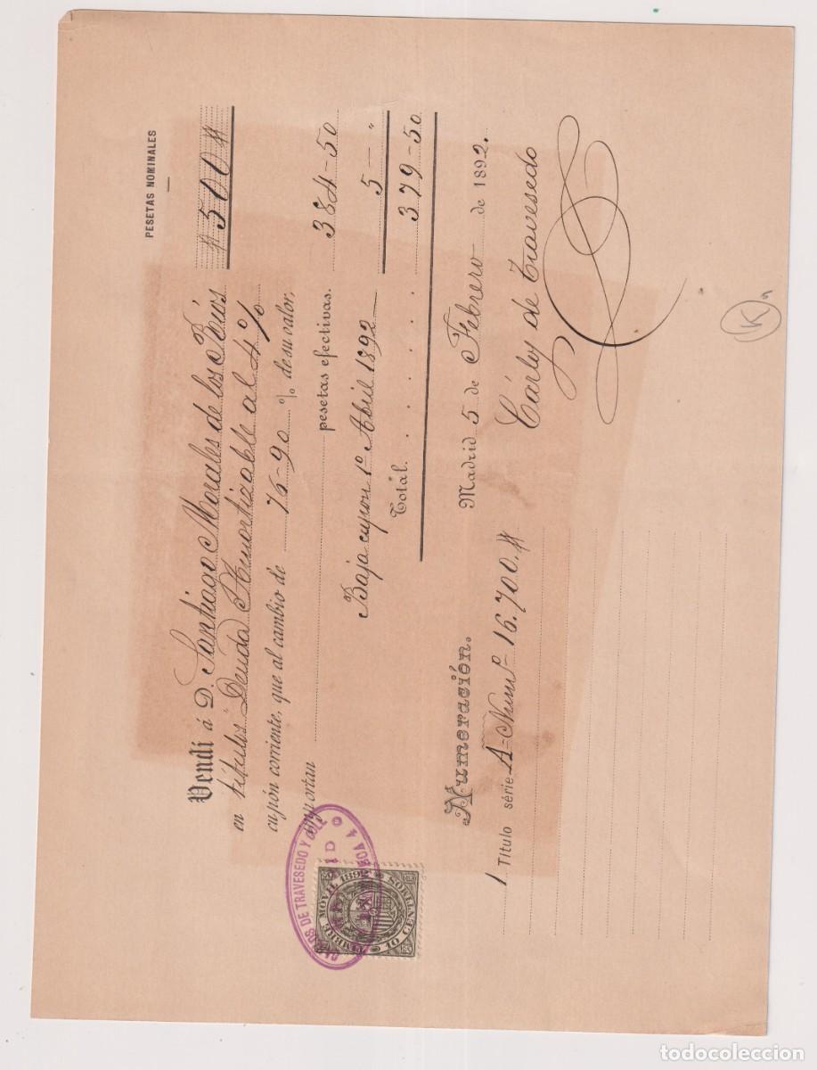 Documentos bancarios: Recibo venta de t&iacute;tulos deuda amortizable al 4% Madrid 1892 - Foto 1
