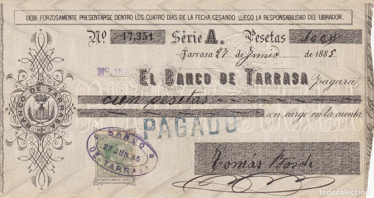 Documentos bancarios: 1885 -PAGAR&Eacute; DEL BANCO DE TARRASA - TERRASSA - Foto 1