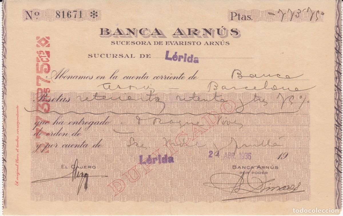 Documentos bancarios: ABONAR&Eacute; DE BANCA ARN&Uacute;S EN LLEIDA - 1936 - Foto 1