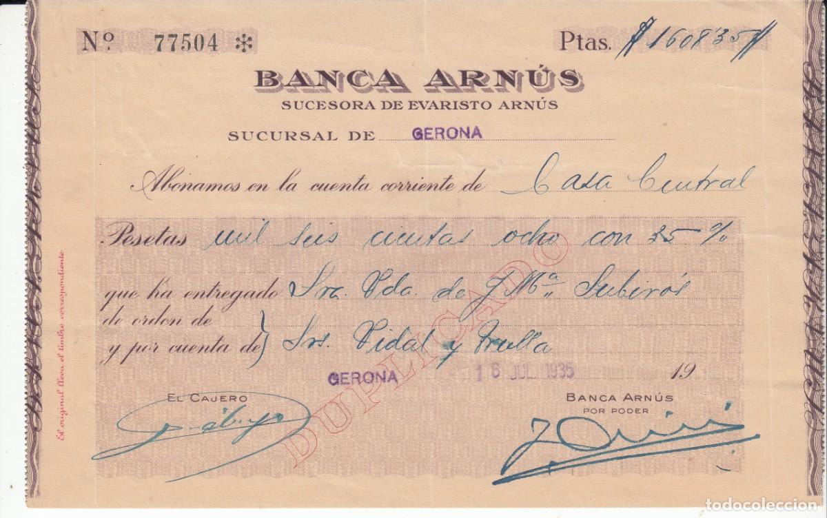 Documentos bancarios: ABONAR&Eacute; DE BANCA ARN&Uacute;S EN GIRONA- 1935 - Foto 1