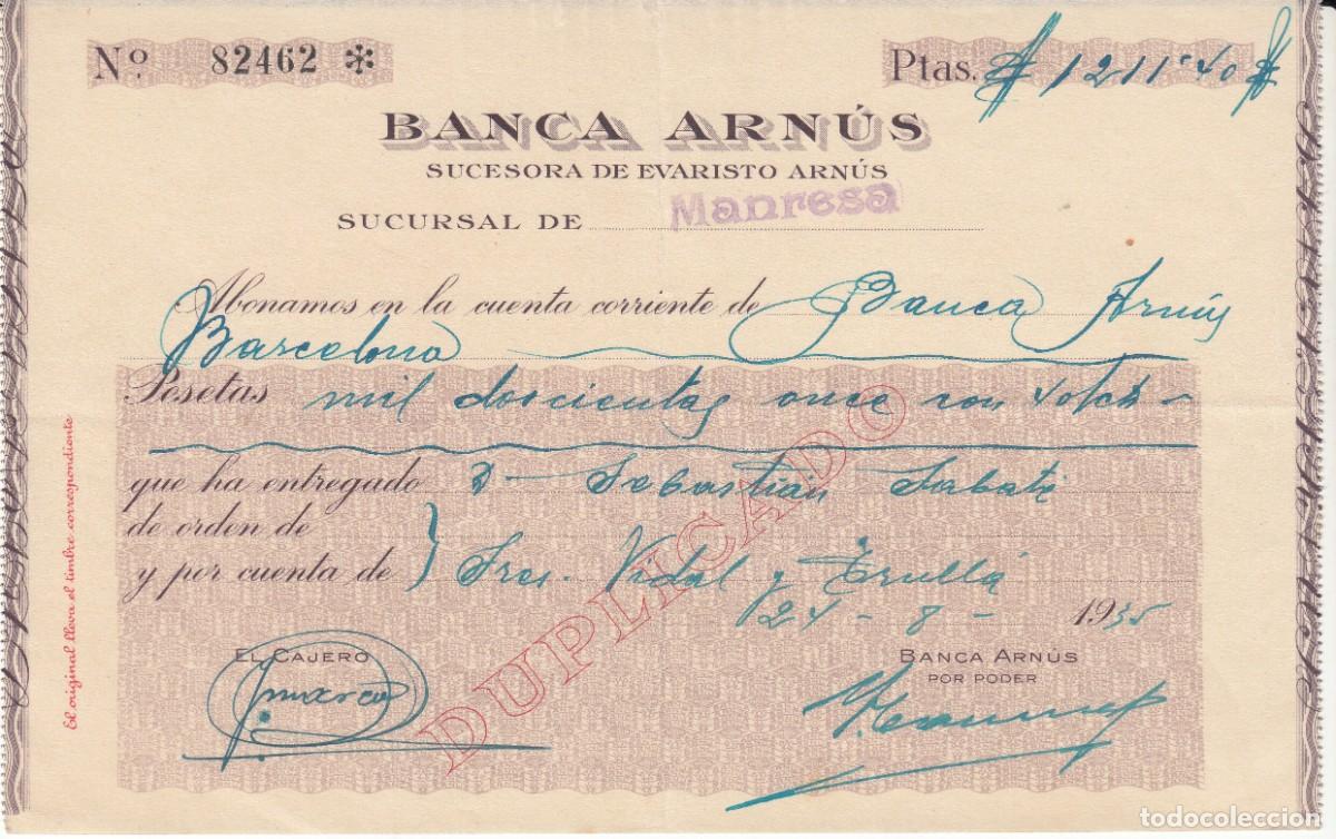 Documentos bancarios: ABONAR&Eacute; DE BANCA ARN&Uacute;S EN MANRESA- 1935 - Foto 1