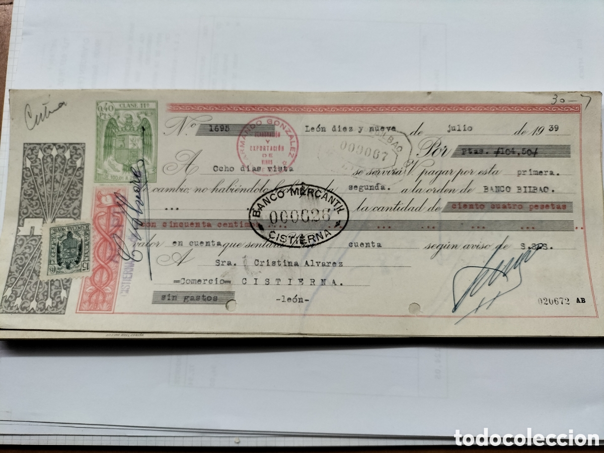 Documentos bancarios: Cisterna. Banco Mercantil. Julio de 1939. - Foto 1