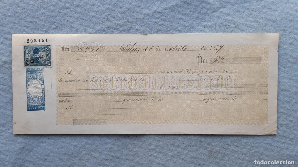 Documentos bancarios: Antiguo Giro. Salas 26 de Abril de 1879 - Foto 1