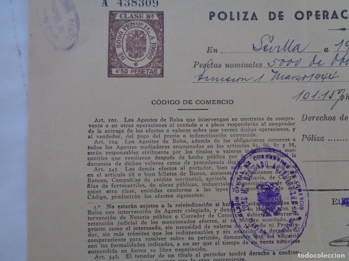 Documentos bancarios: POLIZA DE OPERACIONES AL CONTADO . SEVILLA, 1944 - Foto 2